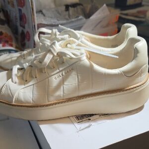 Cole Haan Cream Croc-Embossed Platform Sneaker with Gold Accents